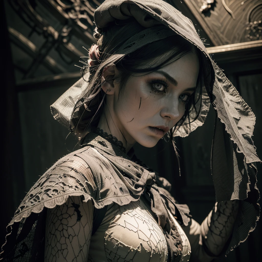 Full body shown. A zombie woman in a maid outfit, extremely detailed eyes and face, beautiful detailed lips, longeyelashes, detailed zombie skin texture, maid outfit with lace and ribbons, Halloween night, horror, dark and moody atmosphere, dramatic lighting, pale skin, sunken eyes, sharp teeth, dripping blood, brain, (best quality,4k,8k,highres,masterpiece:1.2),ultra-detailed,(realistic,photorealistic,photo-realistic:1.37),dark colors,deep shadows,cinematic,dramatic. Full body shon, show her from head to toe
