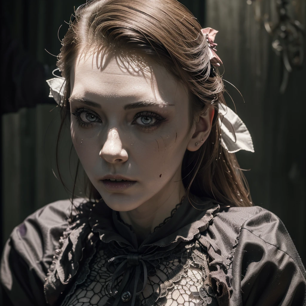 Full body shown. A zombie woman in a maid outfit, extremely detailed eyes and face, beautiful detailed lips, longeyelashes, detailed zombie skin texture, maid outfit with lace and ribbons, Halloween night, horror, dark and moody atmosphere, dramatic lighting, pale skin, sunken eyes, sharp teeth, dripping blood, brain, (best quality,4k,8k,highres,masterpiece:1.2),ultra-detailed,(realistic,photorealistic,photo-realistic:1.37),dark colors,deep shadows,cinematic,dramatic. Full body shon, show her from head to toe
