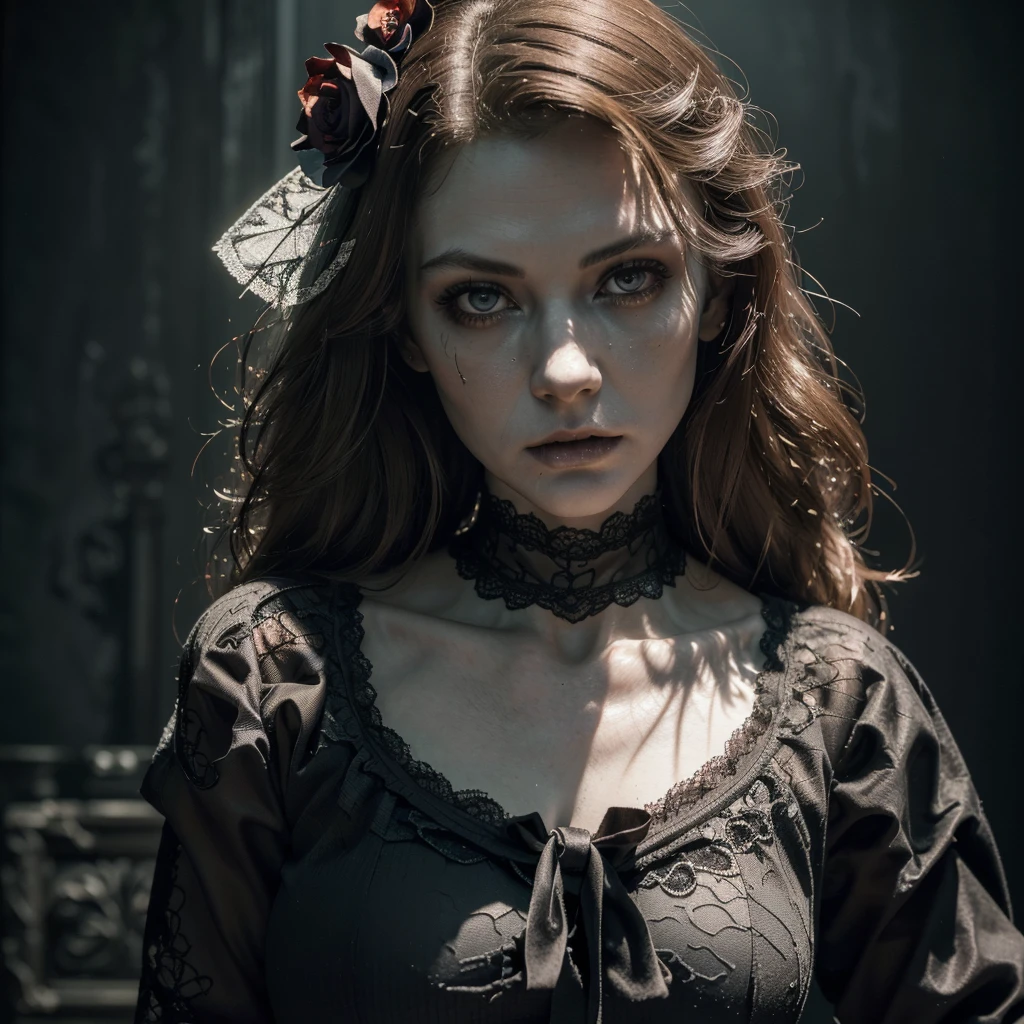 Full body shown. A zombie woman in a maid outfit, extremely detailed eyes and face, beautiful detailed lips, longeyelashes, detailed zombie skin texture, maid outfit with lace and ribbons, Halloween night, horror, dark and moody atmosphere, dramatic lighting, pale skin, sunken eyes, sharp teeth, dripping blood, brain, (best quality,4k,8k,highres,masterpiece:1.2),ultra-detailed,(realistic,photorealistic,photo-realistic:1.37),dark colors,deep shadows,cinematic,dramatic. Full body shon, show her from head to toe
