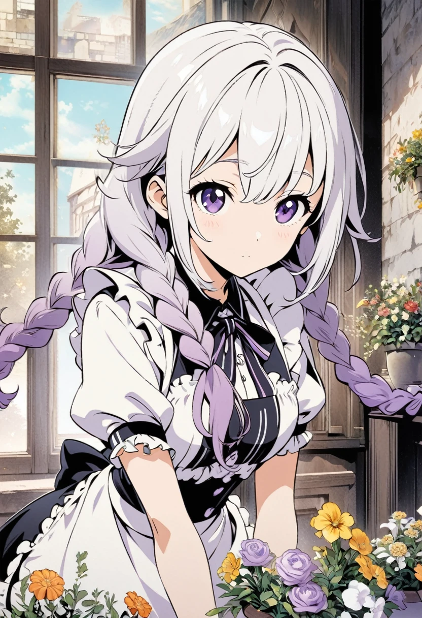 Best Quality,Official art,the Extremely Detailed CG Unity 8K Wallpapers,Slight retro color,riso print style,Illustration,Cute,1 girl,Wearing maid outfit, yinji, purple hair, purple eyes, long hair, white hair, double braids, gradient hair, Flowers,Window,flower pots,