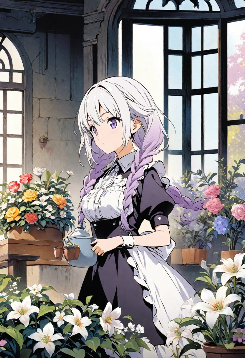 Best Quality,Official art,the Extremely Detailed CG Unity 8K Wallpapers,Slight retro color,riso print style,Illustration,Cute,1 girl,Wearing maid outfit, yinji, purple hair, purple eyes, long hair, white hair, double braids, gradient hair, Flowers,Window,flower pots,