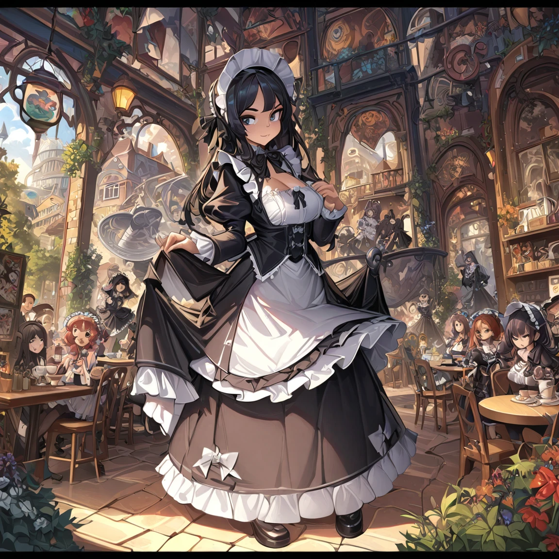 highest quality, masterpiece, Symmetrical and highly detailed eyes, Multiple girls, Highly detailed background, tendency (Art Station:1.46), Surreal, Natural lighting, 8K resolution, masterpiece, Cafe with an English garden, A tea party with Gothic Lolita maid cosplayers、Gothic Lolita costume 女の子s in the background、Everyone is showing off their own cosplay.、An elegant white dress with a black base and a hidden chest、Highly detailed frills、Roll up the bonnet vertically、Skirt inflated with panniers、Gothic Lolita Style、Lolita 女の子 in white elegance black dress decorated with ruffles、Skirt with vertical roll pannier、Pixar Style, Tristan Eaton、Stanley Artgarm、Tom Bagshaw