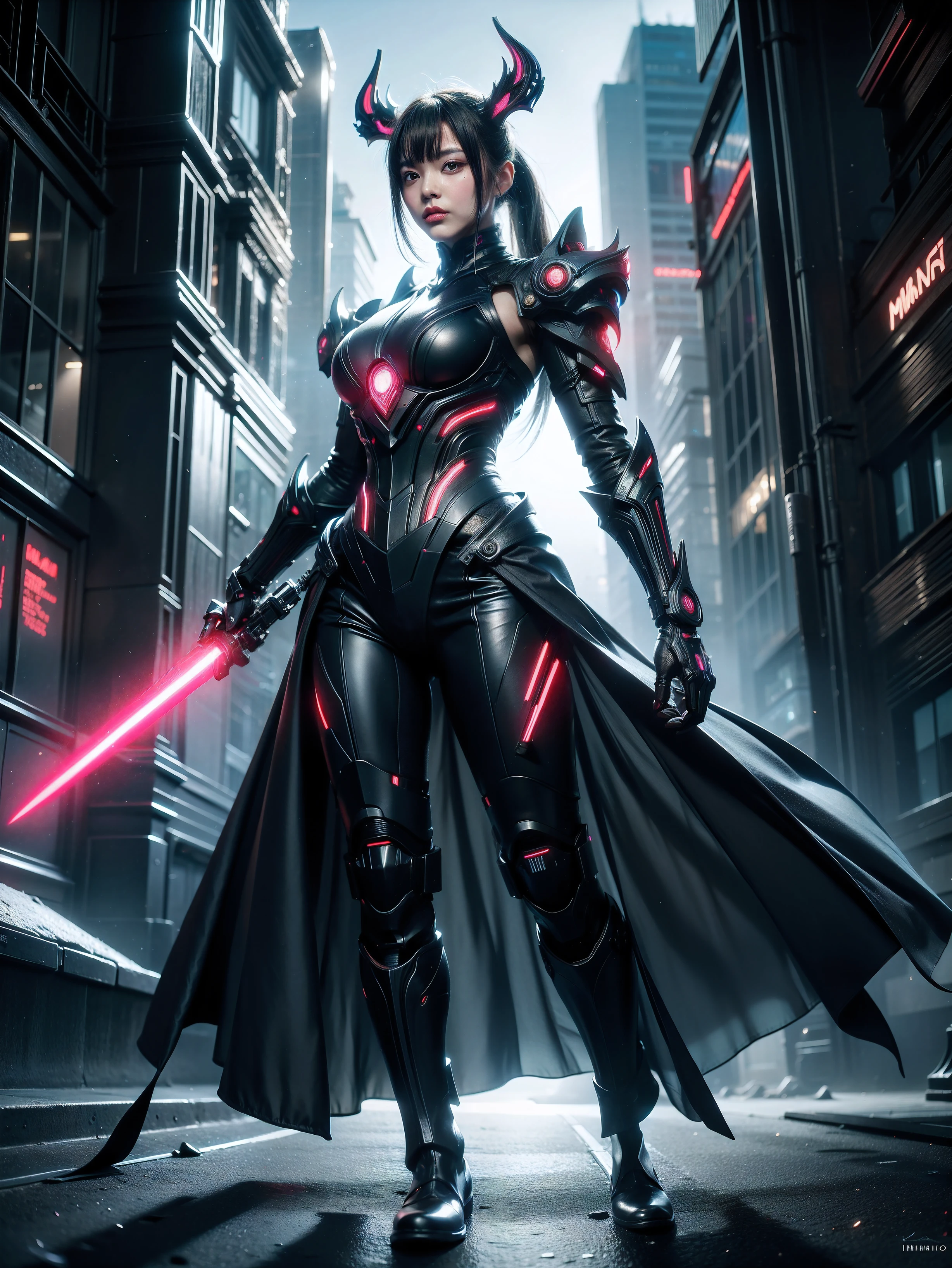 (masterpiece, full-body shot, intrincate raw photography), Imagine a bustling cyberpunk city at night, with neon lights reflecting off wet pavement. In the foreground, a beautiful female android stands tall and elegant, her metallic skin shimmering in the artificial light. She has sleek, angular features and piercing eyes that seem to glow with an otherworldly energy. She hold a red glowing lightsaber. In the middle ground, futuristic skyscrapers loom overhead, their surfaces adorned with holographic advertisements and blinking lights. In the background, flying cars zip through the night sky, leaving trails of light in their wake.


The scene is bathed in a cool blue light, creating a moody and mysterious atmosphere. The composition focuses on the android, her graceful pose exuding confidence and power. The camera angle is slightly low, emphasizing her height and presence in the urban landscape. Bokeh effects create a sense of depth, with the city lights blurred in the background.


The color palette is a mix of deep blues, neon pinks, and metallic silvers, enhancing the futuristic and high-tech feel of the scene. The overall mood is one of intrigue and fascination, inviting the viewer to ponder the nature of humanity and technology in this cybernetic world.


Style: Futuristic cyberpunk, realistic
Composition: Foreground android, middle ground skyscrapers, background flying cars
Lighting: Cool blue light, neon reflections
Techniques: Bokeh effects, low angle perspective
Colors: Deep blues, neon pinks, metallic silvers
Emotions: Intrigue, fascination