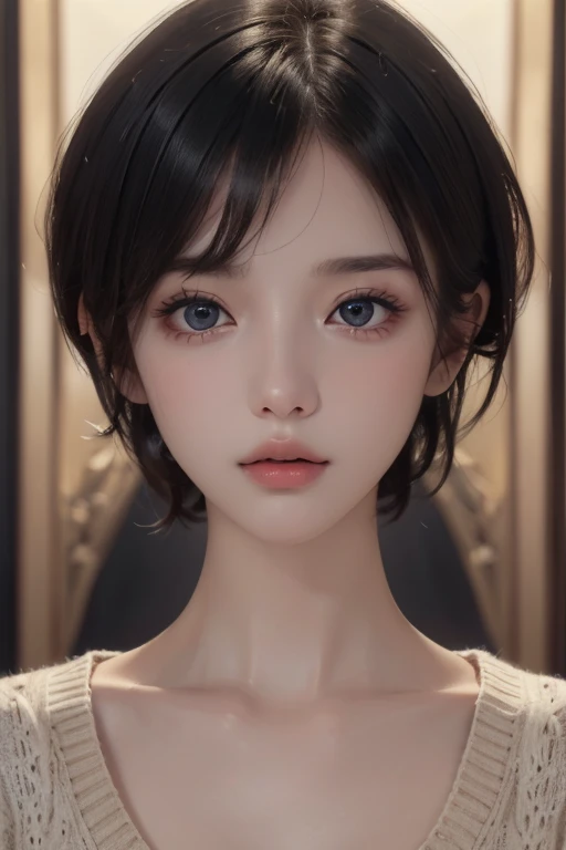 (masterpiece:1.3), (8K, Reality, RAW photos, best quality: 1.4), (1 Girl), Pretty Face, (Realistic face), (Black Hair, short hair:1.3), Beautiful hairstyle, Realistic eyes, Beautiful and delicate eyes, (Realistic skin), Beautiful skin, (sweater), absurd, attractive, Ultra-high resolution, Surreal, Very detailed, Golden Ratio