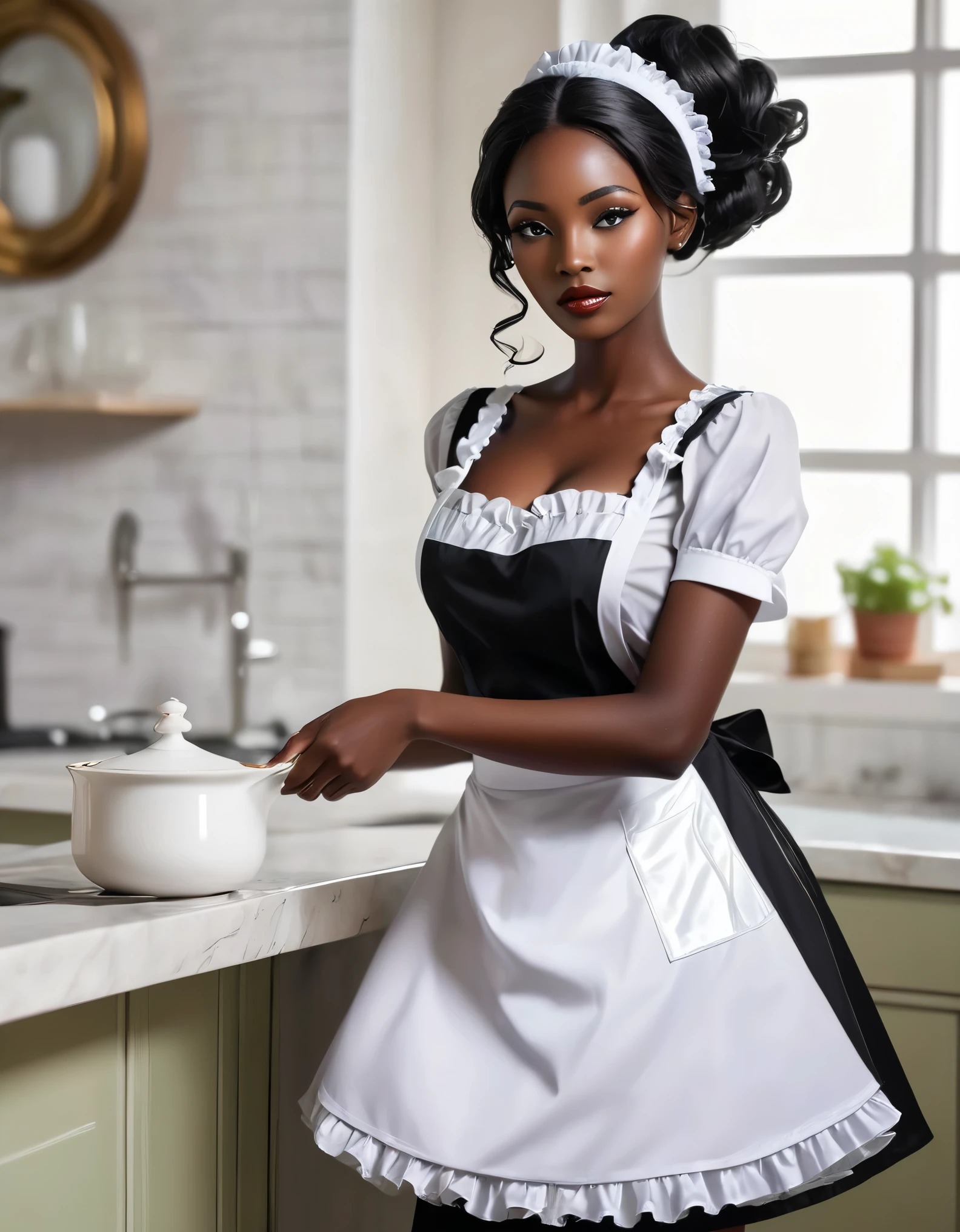 (masterpiece, best quality:1.2),wavy hair maid，Solitary,Exquisite eyes,Delicate black hair，Charming eye shadow( Black person:1.2)( dark skin:1.2)，african man,( Smooth skin:1.2)( Wear a maid uniform:1.2)， Slender body proportions，Wet sexy plump lips，Long legs，Perfect fingers，High heel