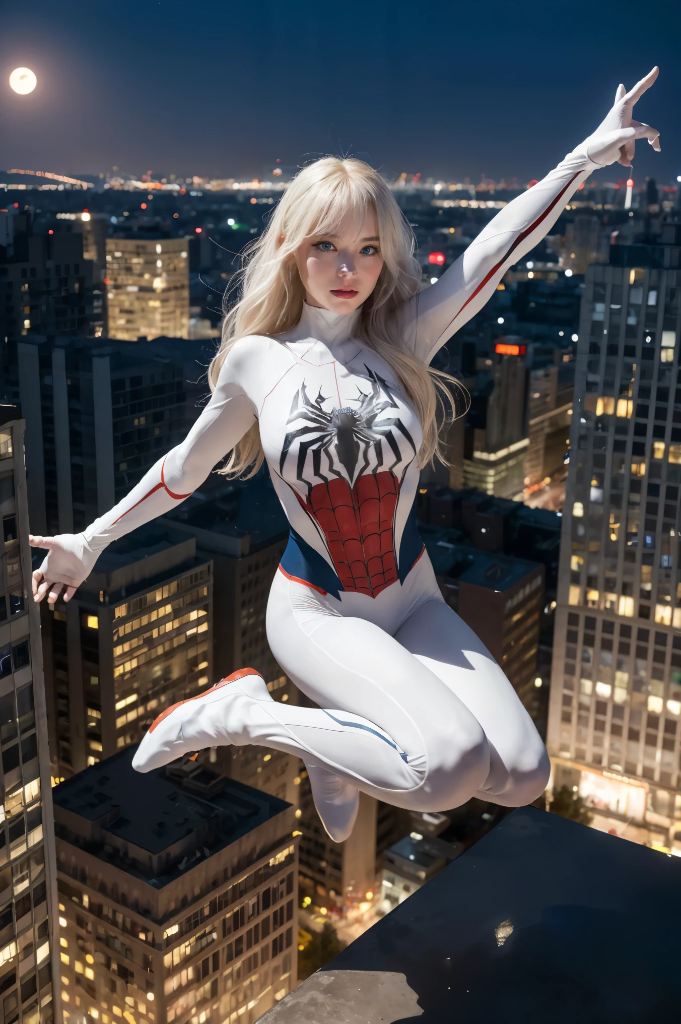(obra maestra, resolución 4k, Ultrarrealista, Muy detallado), (Tema de superhéroe blanco, carismático, hay una chica en la cima de la ciudad, vistiendo disfraz de Spider-Man, ella es una superheroína), [ ((25 años), (pelo largo y blanco:1.2), cuerpo completo, (blue eyes:1.2), ((Postura del hombre araña),demostración de fuerza, saltando de un edificio a otro), ((entorno urbano arenoso):0.8)| (paisaje urbano, por la noche, luces dinámicas), (Luna llena))] # Explicación: El mensaje describe principalmente una pintura 4K de ultra alta definición., Muy realista, Muy detallado. Muestra una superheroína en lo alto de la ciudad., vistiendo un disfraz de Spider-Man. El tema de la pintura es un tema de superhéroe blanco., the female protagonist has pelo largo y blanco, is 25 años old and her entire body is shown in the painting. En términos de retratar las acciones de las superheroínas., se emplean arañas