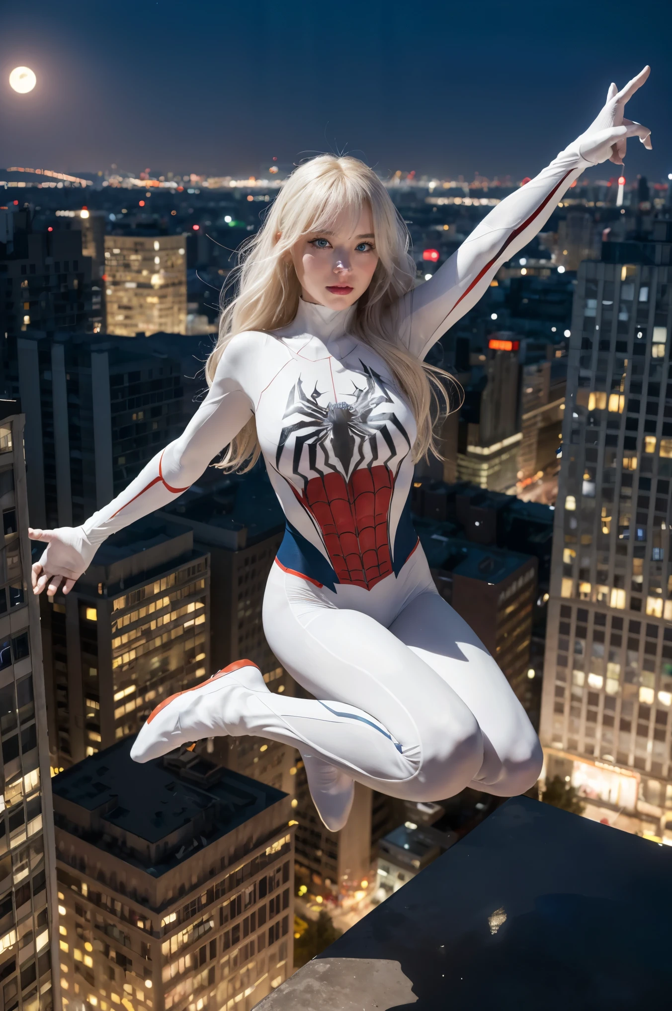 (Masterpiece, 4k resolution, ultra-realistic, very detailed), (White superhero theme, charismatic, there's a girl on top of town, wearing Spider-Man costume, she's a superhero), [ ((25 years), (long white hair:1.2), full body, (blue eyes:1.2), ((Spider-Man pose),show of strength, jumping from one building to another), ((sandy urban environment):0.8)| (cityscape, at night, dynamic lights), (full moon))] # Explanation: The Prompt mainly describes a 4K painting of ultra-high definition, very realistic, very detailed. It shows a superheroine at the top of the city, wearing a Spider-Man costume. The theme in the painting is a white superhero theme, the female protagonist has long white hair, is 2 and her entire body is shown in the painting. In terms of portraying the actions of superheroines, spiders are employed