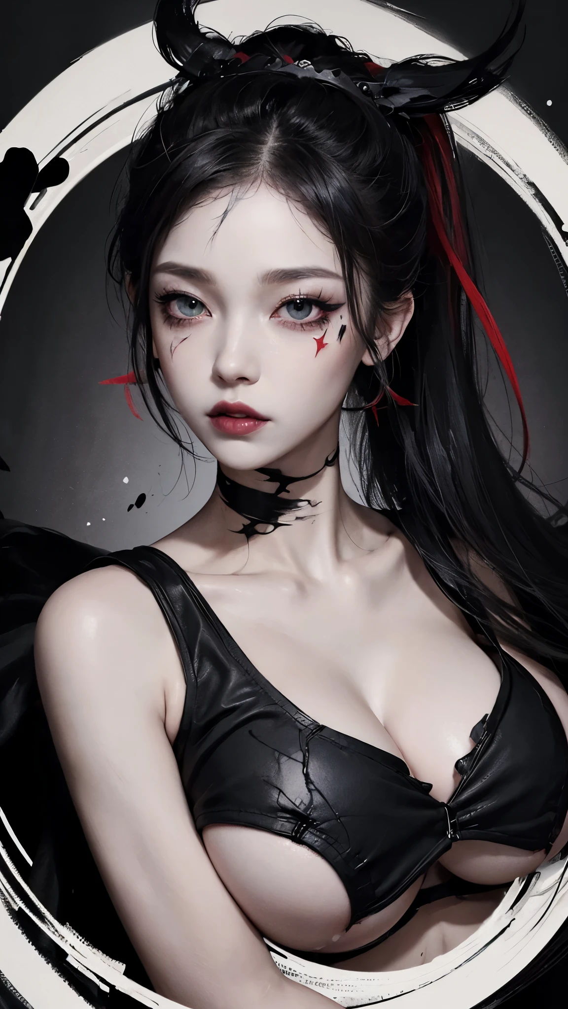  ((top quality, 8 thousand, masterpiece:1.3)) Korean woman, disorderly,receive the light,(black ponytail), dark eyeshadow, black lipstick, Gothic makeup, (Smudged makeup: 1.3), beautiful and delicate hair,delicate red pupils, (huge tits: 1.7) , In a dark cave, Red tattoo, very pale skin, Smudged makeup, indifferent expression, red circle lenses, goth style clothes, monochrome, (smeared eye line: 1.6)