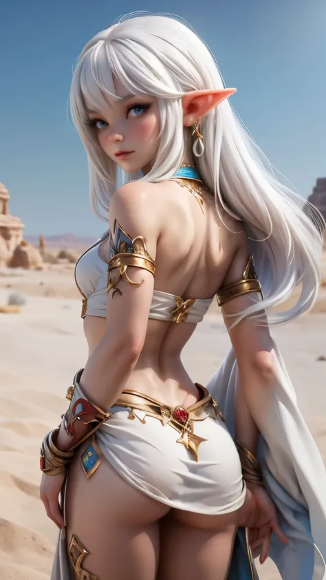 Ariel, upper body portrait, elf, white hair, beautiful, cute arabian clothes, warrior, midriff, fit, white hair, cowboy shot, re...