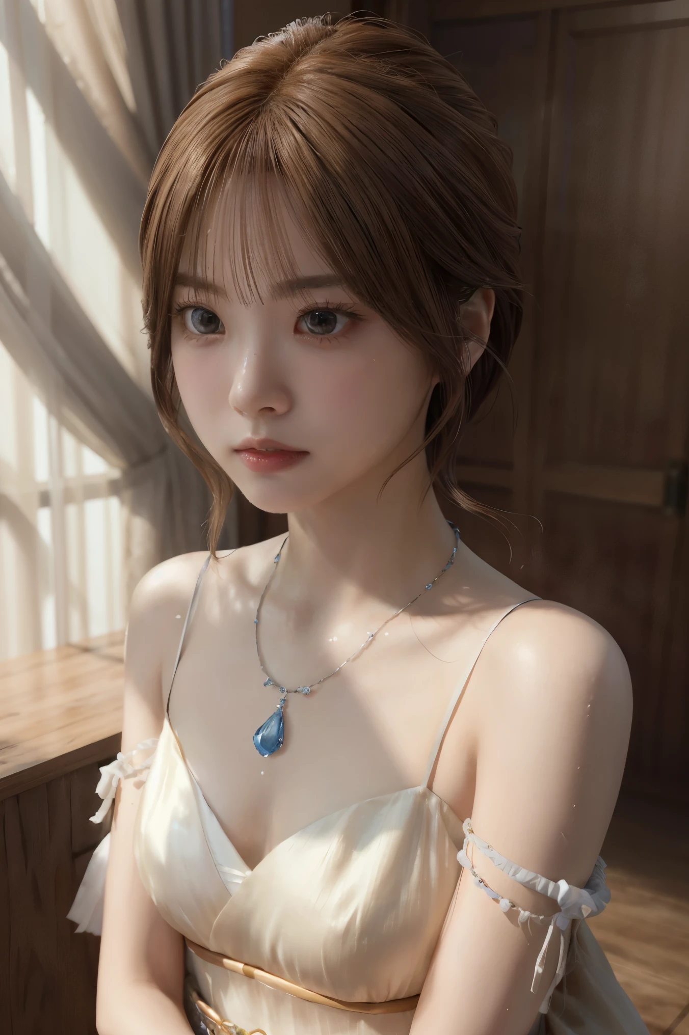 Final Fantasy (Yuna) Anime girl aux cheveux bruns et une robe kimono blanche tenant son collier, belle peinture de personnage, art de synthèse animé doux, style artistique animé réaliste, beau portrait animé, belle femme animée, rendu photoréaliste d&#39;une fille animée, Makoto Shinkai et Artgerm, style d&#39;anime 3D réaliste, style de réalisme animé,  art numérique de style anime, belle fille animée