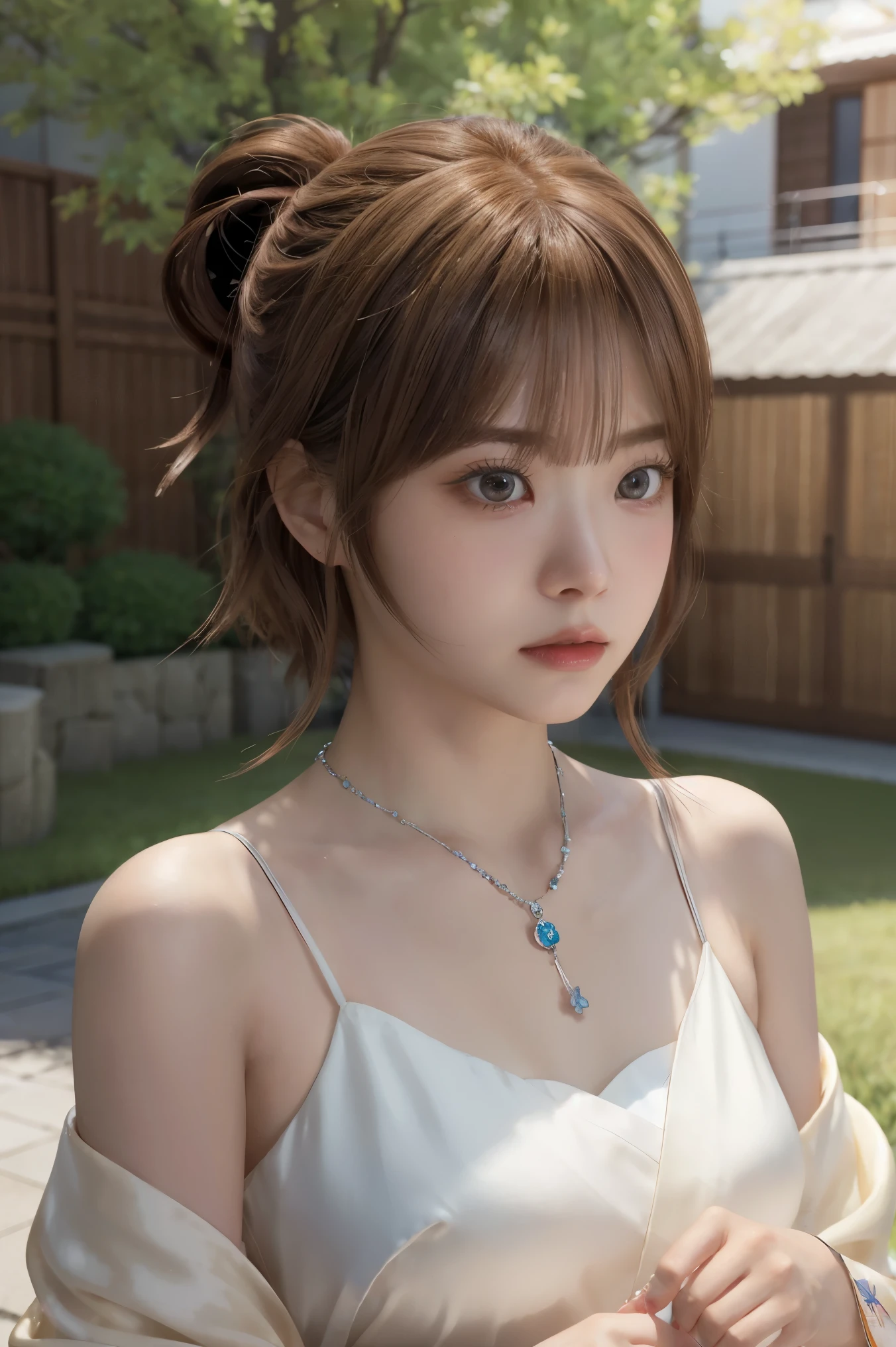 Final Fantasy (Yuna) Anime-Mädchen mit braunen Haaren und einem weißen Kimonokleid hält ihre Halskette, schöne Charaktermalerei, weiche Anime-CG-Kunst, realistischer Anime-Kunststil, schönes Anime-Porträt, schöne Anime-Frau, fotorealistisches Rendering von Anime-Mädchen, Makoto Shinkai and Artgerm, realistischer 3D-Anime-Stil, Anime-Realismus-Stil,  digitale Kunst im Anime-Stil, schönes Anime-Mädchen