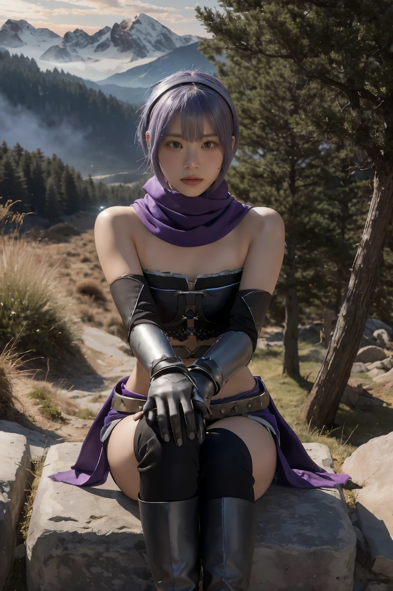 1girl, 1boy, (best quality, beruka, gauntlets), armor, purple scarf, black gloves, pants, boots, bandana on the head, sitting, in front, trees, mountain, beautiful scenery in the background, soft sunset, subtle reflections on the ground.