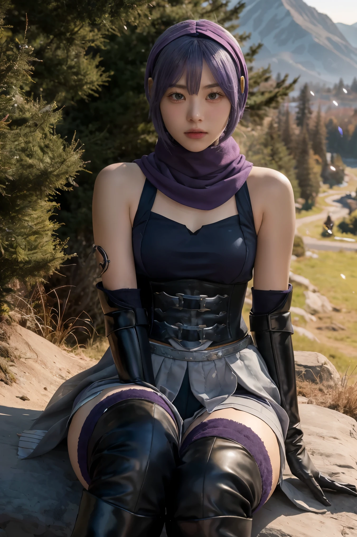 1girl, 1boy, (best quality, beruka, gauntlets), armor, purple scarf, black gloves, pants, boots, bandana on the head, sitting, in front, trees, mountain, beautiful scenery in the background, soft sunset, subtle reflections on the ground.