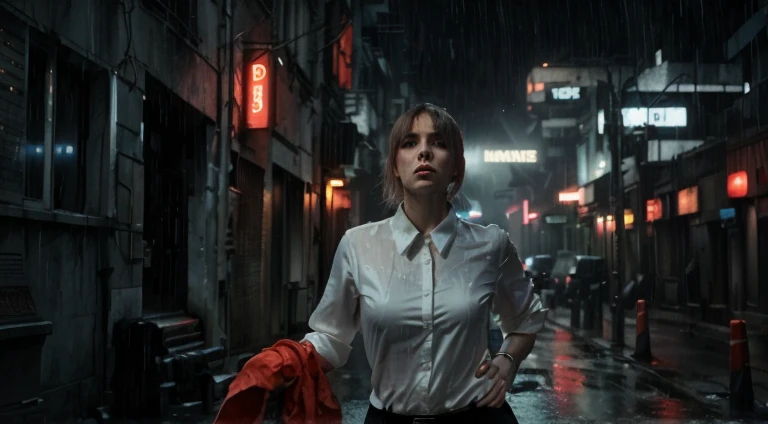 femme en chemise blanche et pantalon noir marchant dans une ruelle sombre, photographie Alexey Kurylev, ville battue. neo noir style, Photographie Alexeï Gurylev, red lighting and cinematic, qui rappelle Blade Runner, neo noir style, dans le style de Blade Runner, neo - noir style, like a scene from blade runner, moody cinematic lighting