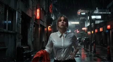 femme en chemise blanche et pantalon noir marchant dans une ruelle sombre, photographie Alexey Kurylev, ville battue. neo noir s...