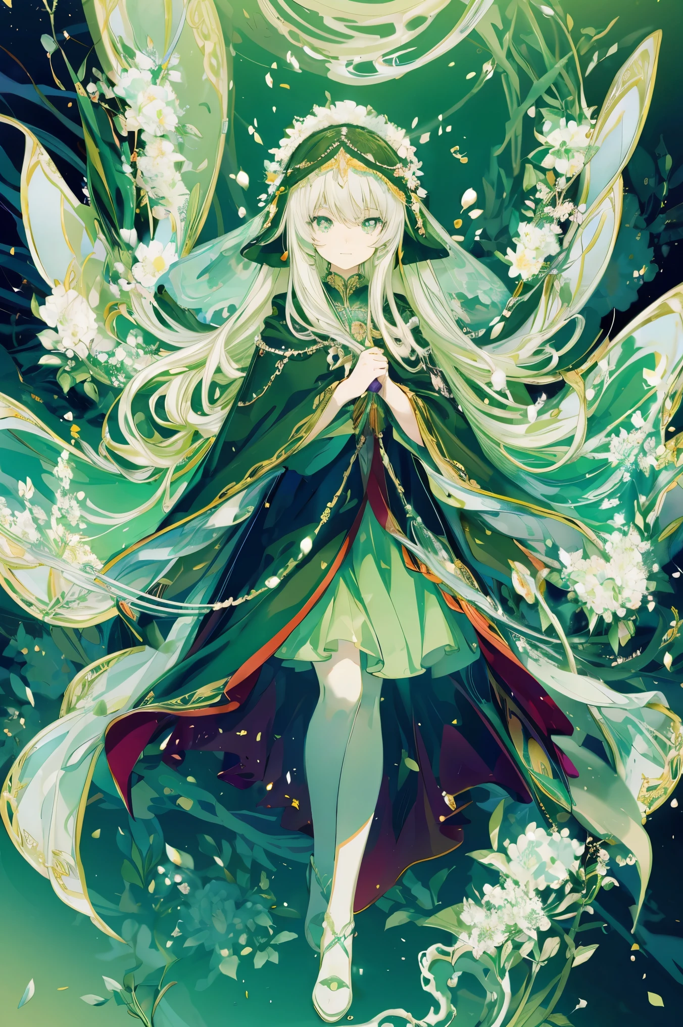 (tmasteriew: 1.4, best quality)+, (super detail)+, [super detail eyes]+, (A lovely girl), , (dark green pupils: 1.15), long hair, thick hair (Wariza: 1.2), pale skin, charming smile, huge leaves, hollow eyes, green lips (She is wearing a conservative glowing lace dress, purple pattern, 1.5), (cloak: 1.4) long sleeves, crystal headwear, ocean of vines and flowers, dreamy bubbles, full body picture, long socks, (Complex glowing starry sky: 1.1), (Black and White: 1.16), (Depth of Field: 1.4), Complex Details