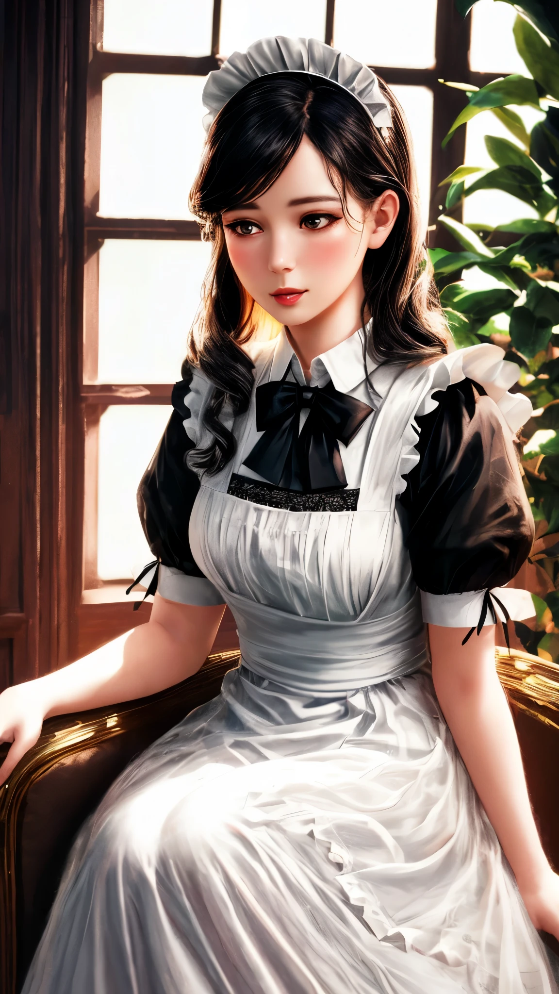 A maid in a white long dress with lace details, black bow, and black stockings, indoor, vintage style, soft lighting, delicate details,illustration,ultra-detailed,(realistic,photo-realistic:1.37),vivid colors,HDR,studio lighting