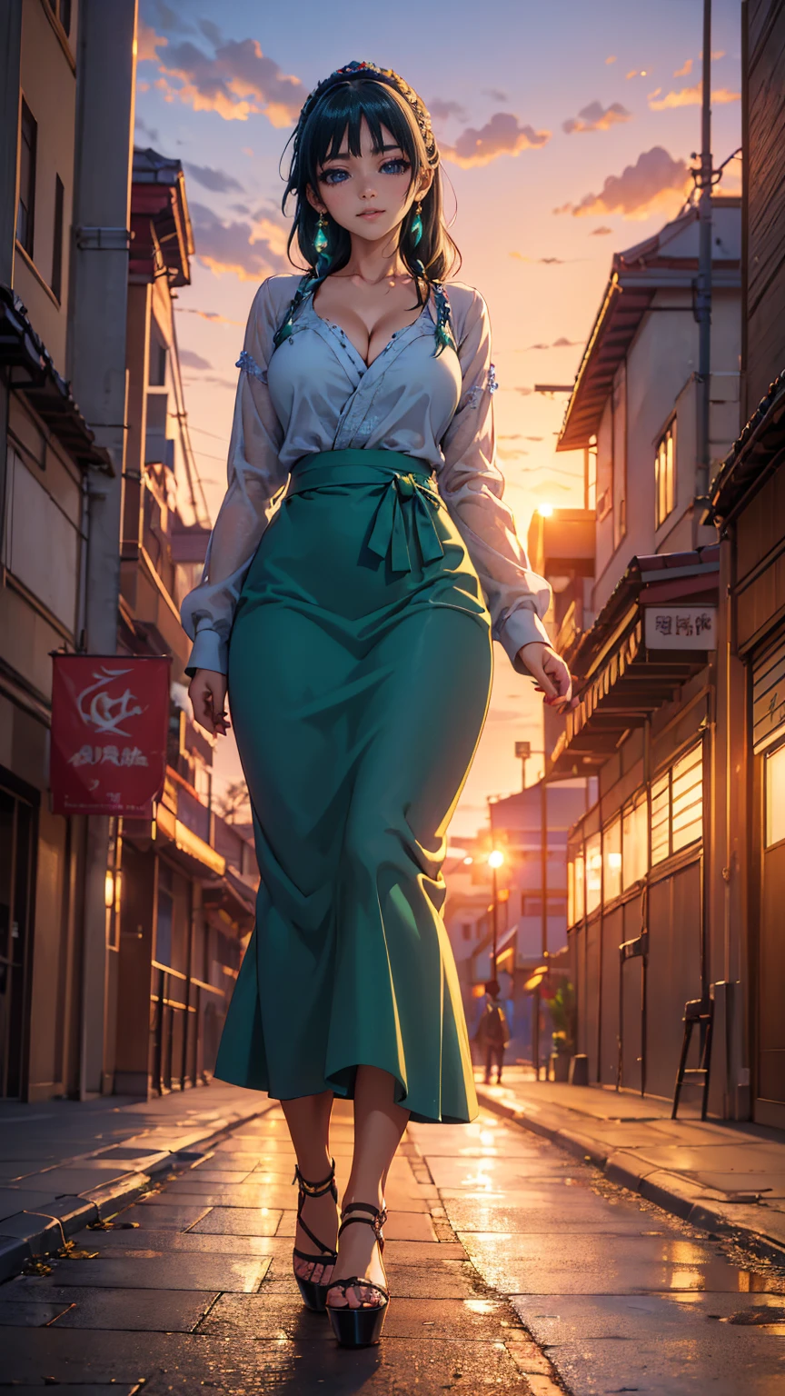 ((Best quality)), ((masterpiece)), (anime), a beautiful sexy woman walking  in a long skirt, a blouse and platform high heels, blue eyes, green hair, smooth skin, cleavage, ((full body)), smile, shoulders exposed, anime, green eyes, maomao, Under street lights, ((Sunset Dusk)), (((park))), curvu body,