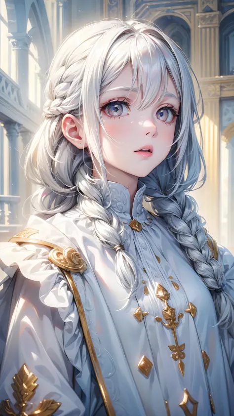 best quality, masterpiece,white hair, golden eyes,white clothes, look up, upper body,hair,white skin,side braid