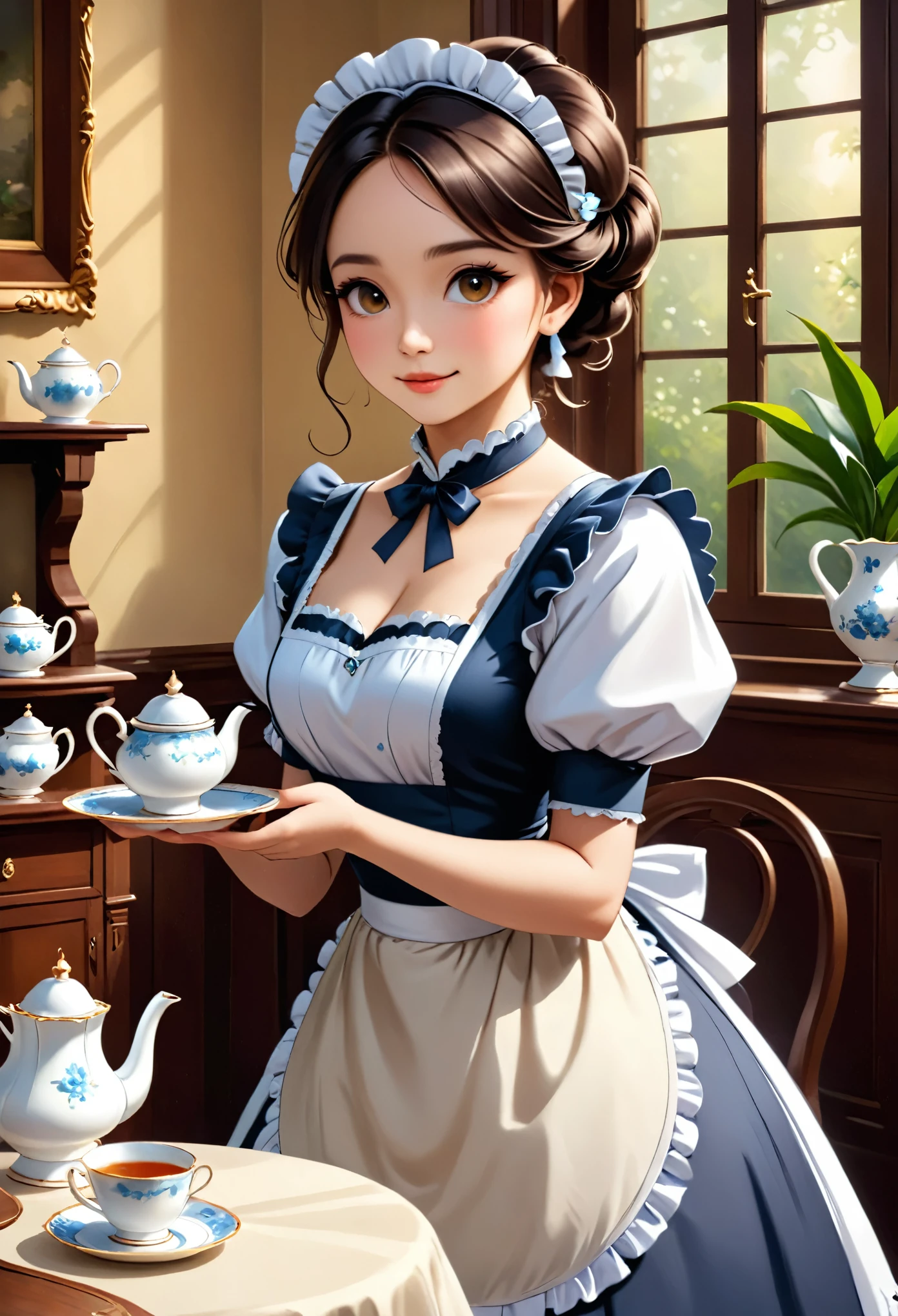 浪漫主义风格、维多利亚风格的室内，一位优雅的女仆拿着茶具的形象。柔和的光线穿透、这里有温暖而轻松的氛围。