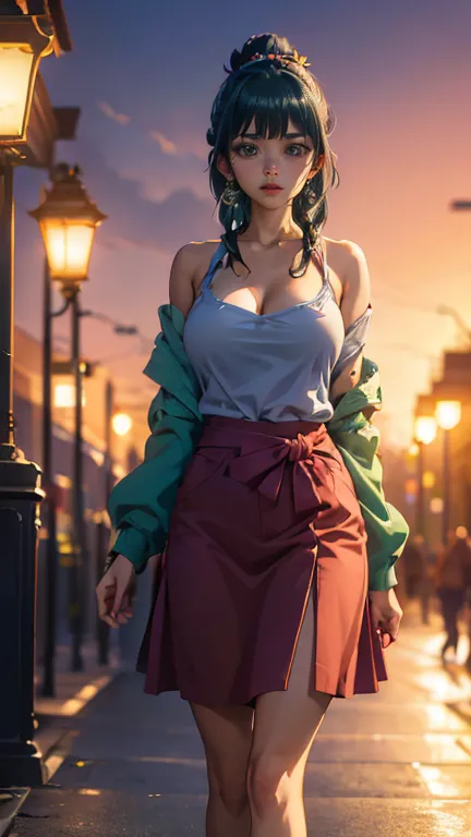 ((Best quality)), ((masterpiece)), (anime), a beautiful sexy woman walking  in a skirt, blue eyes, green hair, smooth skin, clea...