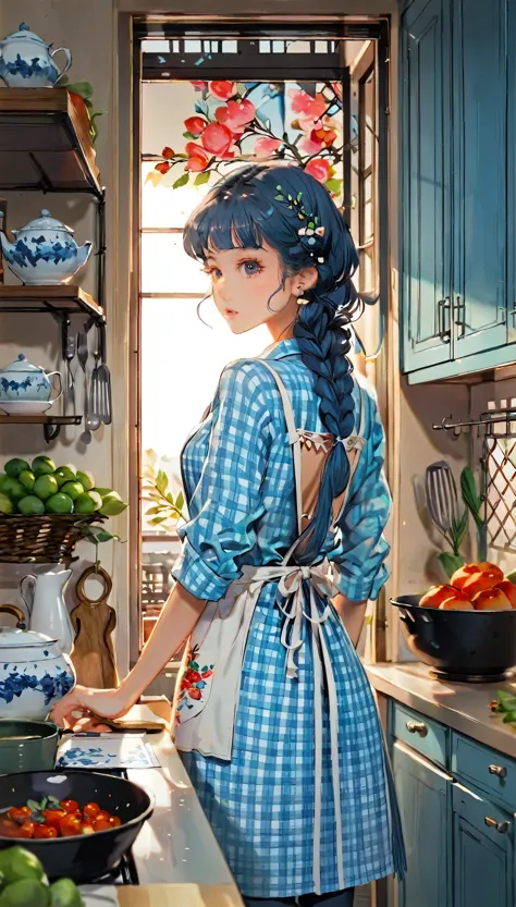 (((paper cutting style))), 1 girl, blue long medium hair, long braid, blue check shirts, apron, kitchen , portfolio from behind