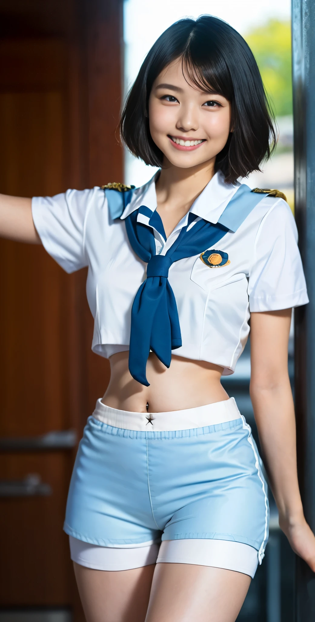 （8k、Raw photography、highest quality、masterpiece：1.2),(Black-haired、Very short hair:1.8),(ponytail:1.3)、View your audience,Viewed from the front,White skin,(high school girl、The upper body is a light blue uniform:1.7)、(Tight waist:1.6)、(Clothes that accentuate the shape of the breasts:1.0)、(Big Breasts :1.3)、Slim figure、Ultra-high resolution,beautiful,beautiful fece,(one person、No background:1.9),whole bodyボディー,Japanese women,（reality的：1.37）、Photon Mapping,reality、(Baby-faced and cute: 1.4)、(Cute Smile: 1.8)、(Round face: 1.8)、Radio City、Physically Based Rendering、Depth of field rally background、photograph, (I can see your knees、Very short white shorts、Thigh close-up:1.8),（:1.4）,whole body、Great quality