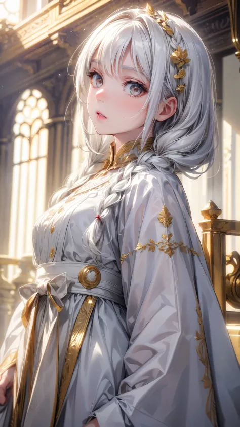 best quality, masterpiece,white hair, Golden Eyes,White clothes, look up, Upper Body,Hair,White skin,Side Braid