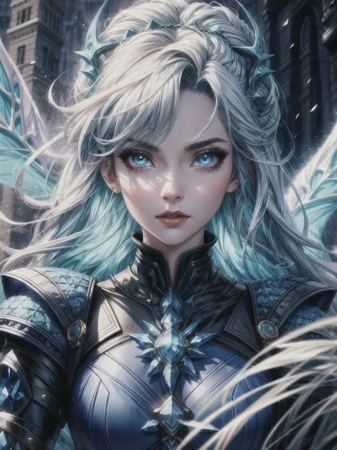 a girl with her frozen dragon elemental, detailed fantasy portrait, detailed face, beautiful eyes, beautiful lips, elegant pose,...