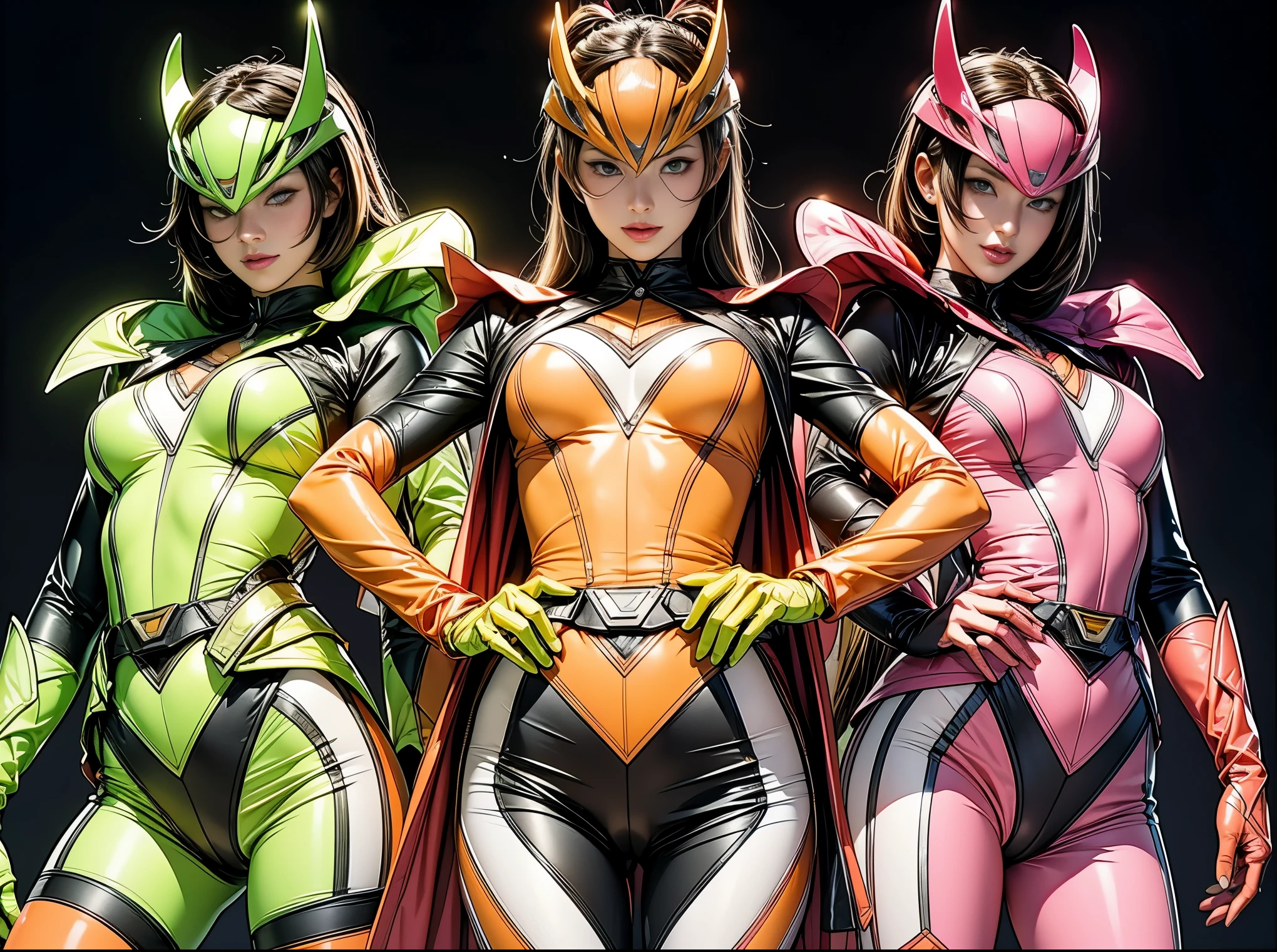 Une image courageuse et courageuse d&#39;une équipe de 6 rangers, Chacune est décorée de couleurs vives telles que:: rose néon, Orange coucher de soleil, Camion de pompier rouge, violette plasmatique, vert fluorescent, jaune choquant. Des poses dynamiques dans un arrière-plan qui respire l&#39;énergie et le courage, Incarnant l&#39;essence de l&#39;équipe de super-héros Sentai classique. Chaque Ranger:: La tenue est sophistiquée et moderne, Chaque couleur comporte des éléments qui reflètent son thème., Prêt pour l&#39;action. ((orteil de chameau)),fond scintillant brillant,