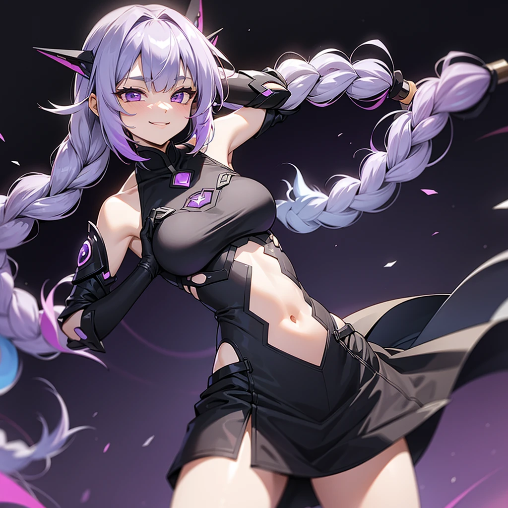 yinji,1girl,solo, purple eyes, long hair, twin braids, purple hair, multicolored hair, elbow gloves, bangs, very long hair,bare shoulders, black skirt, grey hair, dress, smile, side cutout,covered navel, side cutout,finger frame
