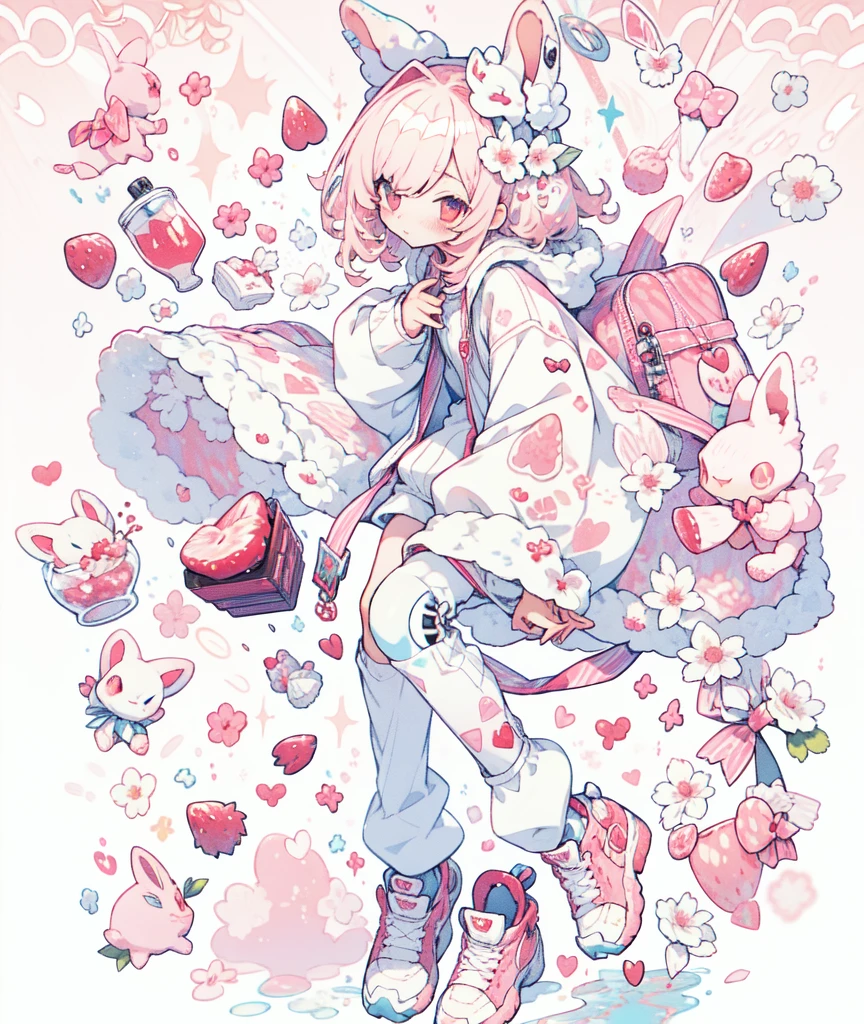 shota shota stuffed animal rabbit tracksuit shorts white tracksuit light hair pink eyes high quality high resolution lifelike cute flowers knee pads scars curtains background red ribbon milk smeared strawberry scattered love boy alone strawberry milk strawberry milk