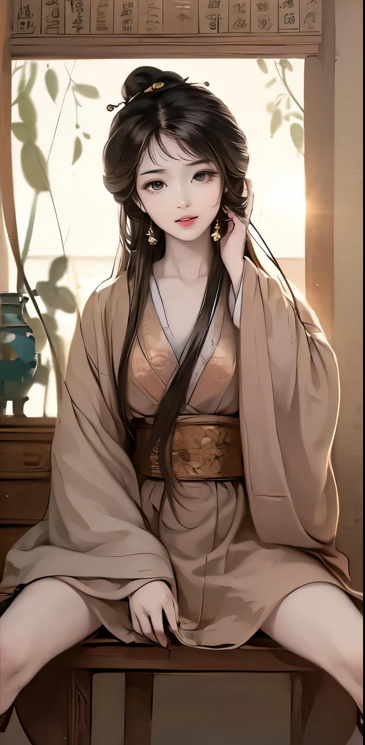 ((imagem de pintura tradicional chinesa de alta definição, hanfu)), olhos dimensionamento realista, pele realista, olhos caídos, sorridente, (em pé e pernas abertas), ((auto prazer intenso)), Luz solar forte, moda antiga, 