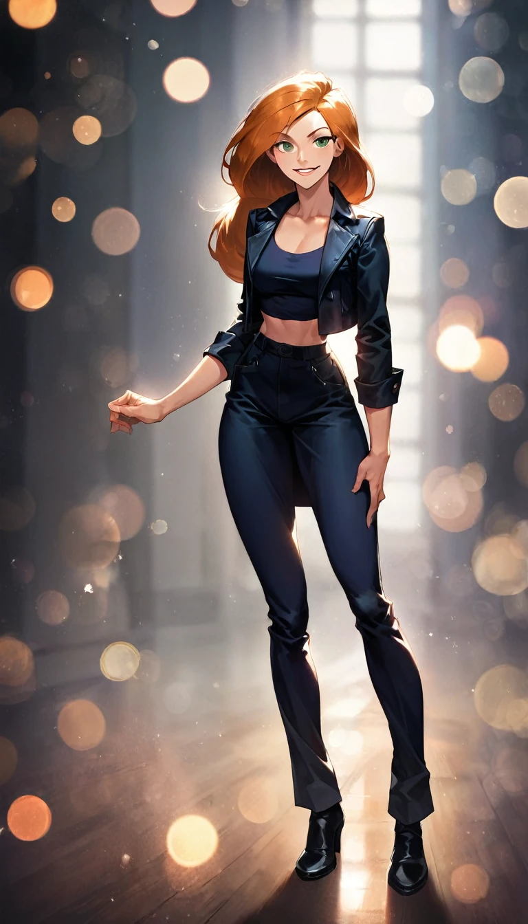 score_9, score_8_up, score_7_up, score_6_up, score_5_up, (high quality, detailed, beautiful), detailed soft lighting, rating_explicit, 1girl, (Kim Possible, orange-red hair:1.5), (black biker jacket over black crop top:1.1), (black leather mini skirt:1.2), in her bedroom, posing, looking sexy, beautiful eyes, open eyes, smiling, (full body portrait:1.2), sharp focus, portrait, studio lighting, bokeh, (masterpiece, best quality), (high resolution), perfect face, flawless, professional artwork, artstation, cinematic lighting, beautiful face, beautiful eyes, large eyes, bright eyes, beautiful smile, perfect hands, anatomically correct, perfect anatomy.