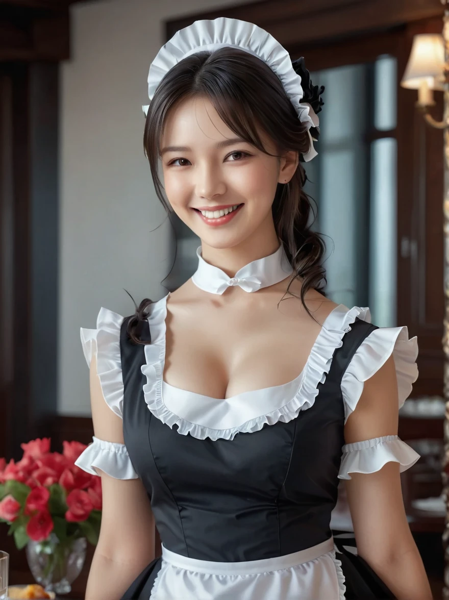 ((1 beautiful maid, Black and white maid, Maid dress with ruffles, The background is the VIP room, Hearty dining table, Elegant standing maid)), Emphasize body lines, The biggest smile staring at the camera, Looking at the camera, Perfect smile, Staring at the camera with a bright smile, High-resolution RAW color photography, Professional photography, Extremely exquisite and beautiful, Extremely detailed, Fine details, Very large file size, Top quality, 8K, Photos taken with a SLR camera