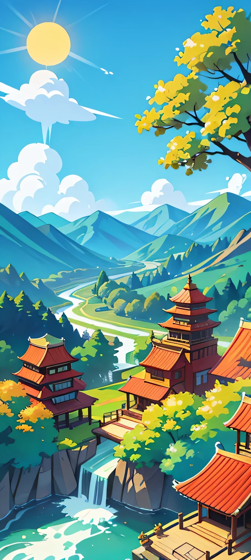 A cartoon caricature，Background contains sun、Blue sky、White Cloud、Trees、Mountain、雪Mountain、river、Fall、Golden roof、Ancient Chinese Building