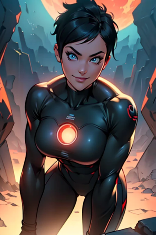 (art, Best quality, absurd, 4K, aesthetics, perfect eyes, perfect face, detailed, complex, Perfect lighting) 1 girl with fair skin, dark shaved short hair, wears a red and black futuristic bodysuit, queen of an alien race, warrior, gentle smile