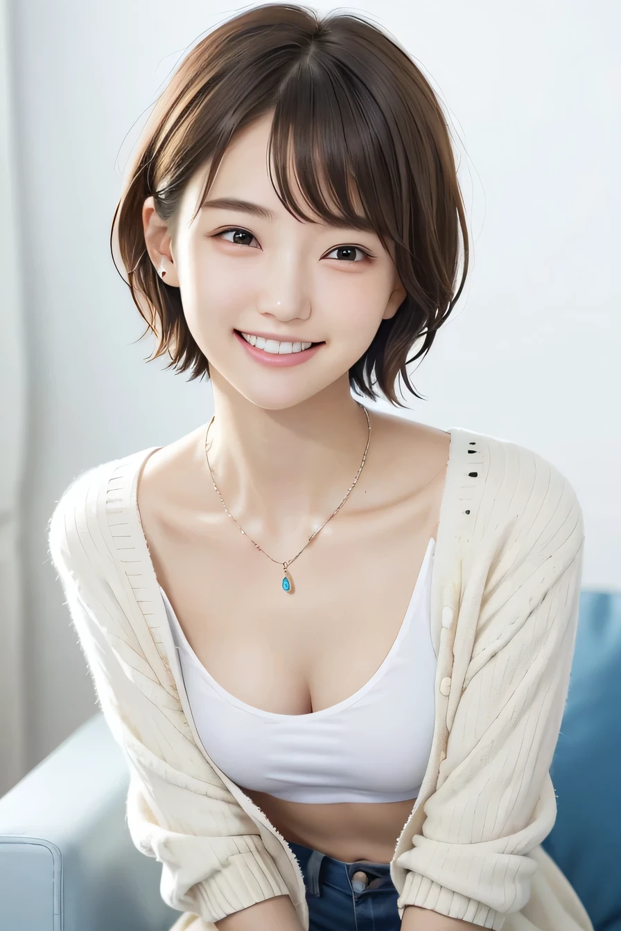 205 ((short hair)), 20-year-old female, In underwear、cardigan、Open your mouth、smile、Beautiful teeth alignment、Black Hair、ear piercing、Necklace around the neck、Looking into the camera, Waiting for the start