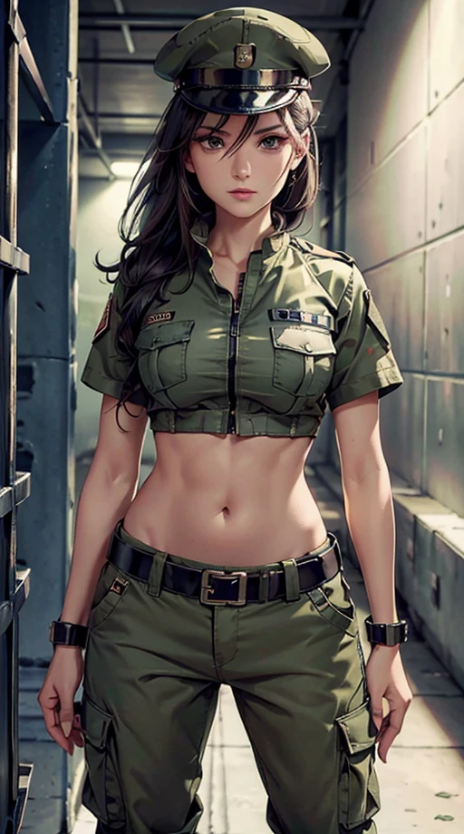 
Women in crop top soldier uniform, soldier hat, medal on the chest,  exposed abdomen area, very low waist cargo pants, navel, 45 years-old, high ranking , standing, color , hight quality, 4k, in cell, in prison, behind prison bar,