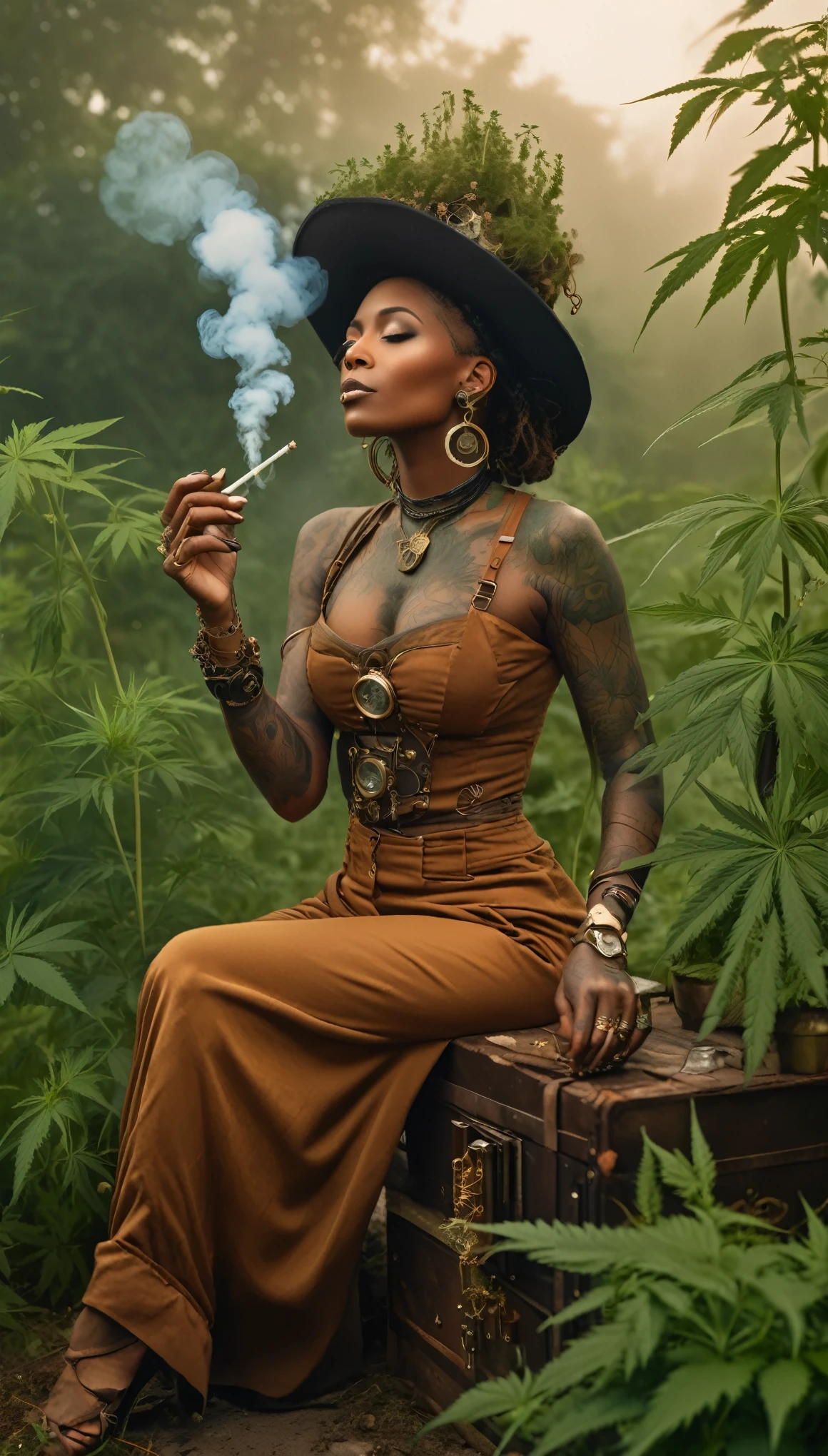 ((Haitian)) ((Steampunk sorceress woman)) Roll up a joint of grass outside, while the alchemy kit bubbles and smokes, (in a detailed flowy outfit), (Cannabis leaf tattoos on arms and legs), High quality photo, relaxing and smoking in the garden (with abundant tall cannabis plants, surrounding the scene during a foggy sunrise), masterpiece, very detailed, perfect face