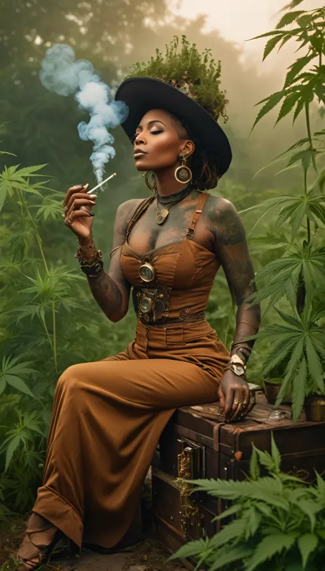 ((haitian)) ((steampunk sorceress woman)) roll up a joint of grass outside, while the alchemy kit bubbles and smokes, (in a deta...