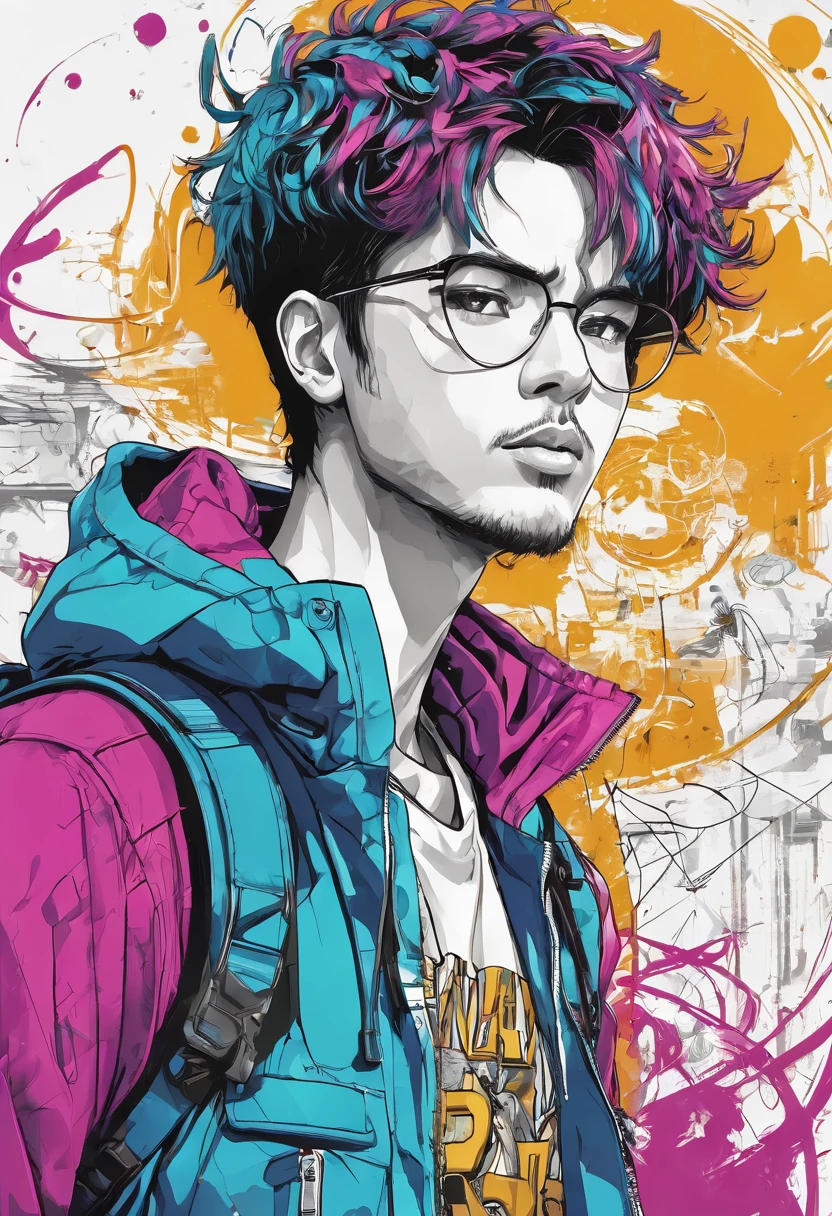 Anime style, Erwan B, Trigger Studio style, manga art, comics, inking, graffiti art, graphic, poster bright colors, golden ratio composition