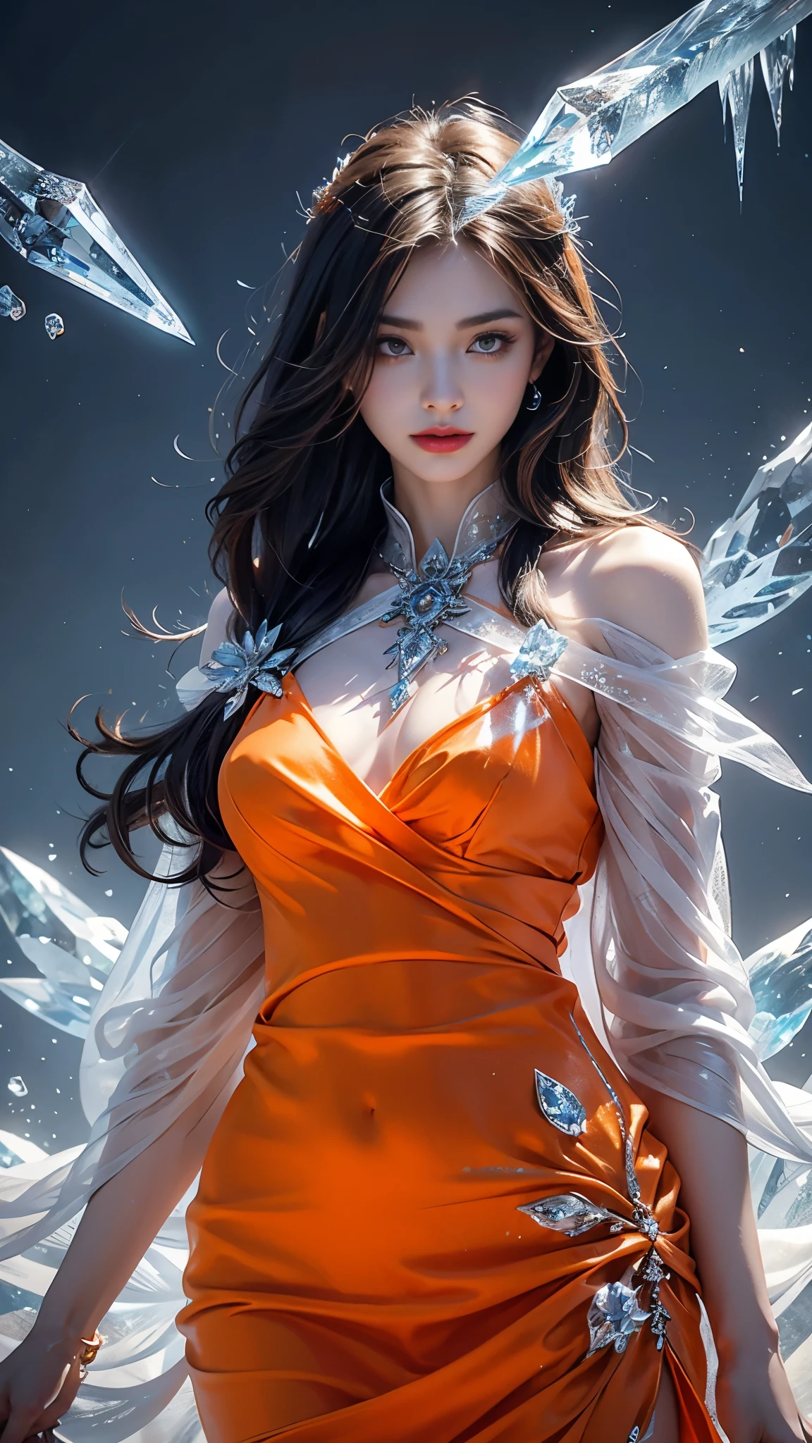 a beautiful ice goddess, good face, happy face, very long hair, realistic eyes, small breasts, ice magician, ice elemental, intricate design and details, chilling mist, cold, blizzard storm, conjuring ice spell, casting ice spell, detailed dress, (orange dress:1.5), realistic ice effect, ((ice:1.5)), snow particles, dark fantasy art style, ruined city, dramatic lighting, cinematic,