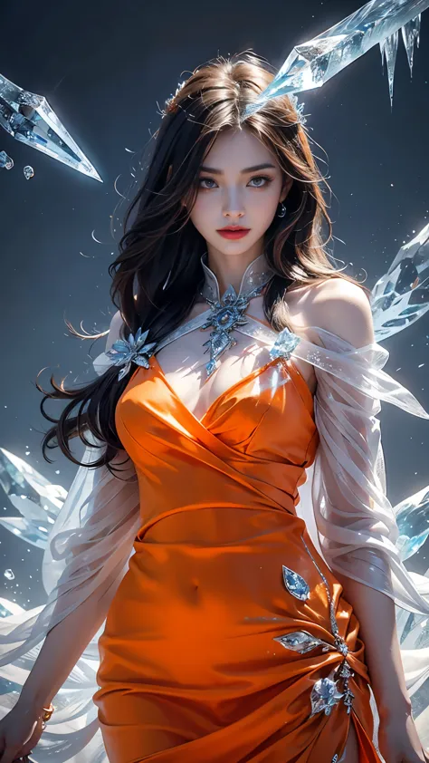 a beautiful ice goddess, good face, happy face, very long hair, realistic eyes, small breasts, ice magician, ice elemental, intr...