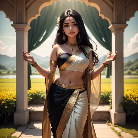 imagine prompt: A 20-year-old Indian Tamil Nadu girl draped in a vibrant silk saree adorned with intricate golden embroidery, ja...