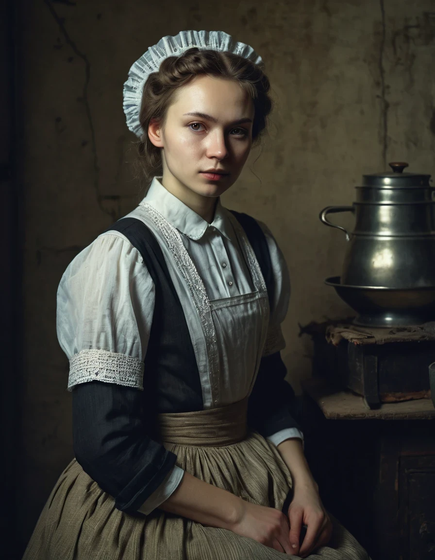 Realistic Portrait of a Soviet Maid in an Old Photo Studio, Maid's Costume, Dark Light, Heavy Atmosphere, Muted Colors of Skirt, Light Skinned Face, Rembrandt Light, Andrea Kowch Style