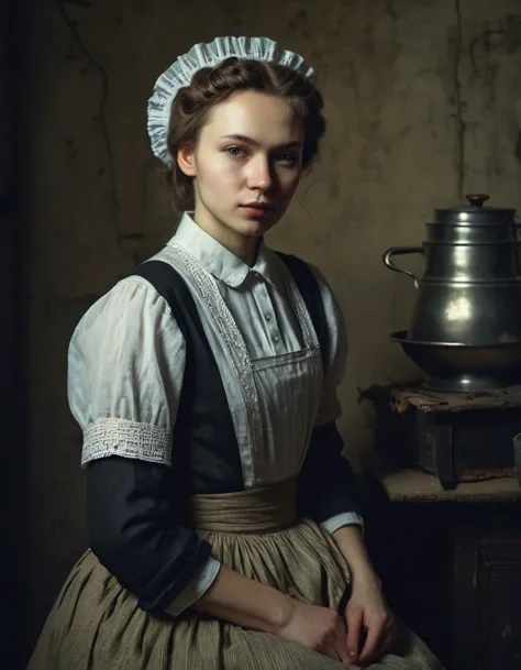 Realistic Portrait of a Soviet Maid in an Old Photo Studio, Maid's Costume, Dark Light, Heavy Atmosphere, Muted Colors of Skirt,...