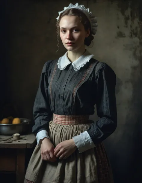 Realistic Portrait of a Soviet Maid in an Old Photo Studio, Maid's Costume, Dark Light, Heavy Atmosphere, Muted Colors of Skirt,...