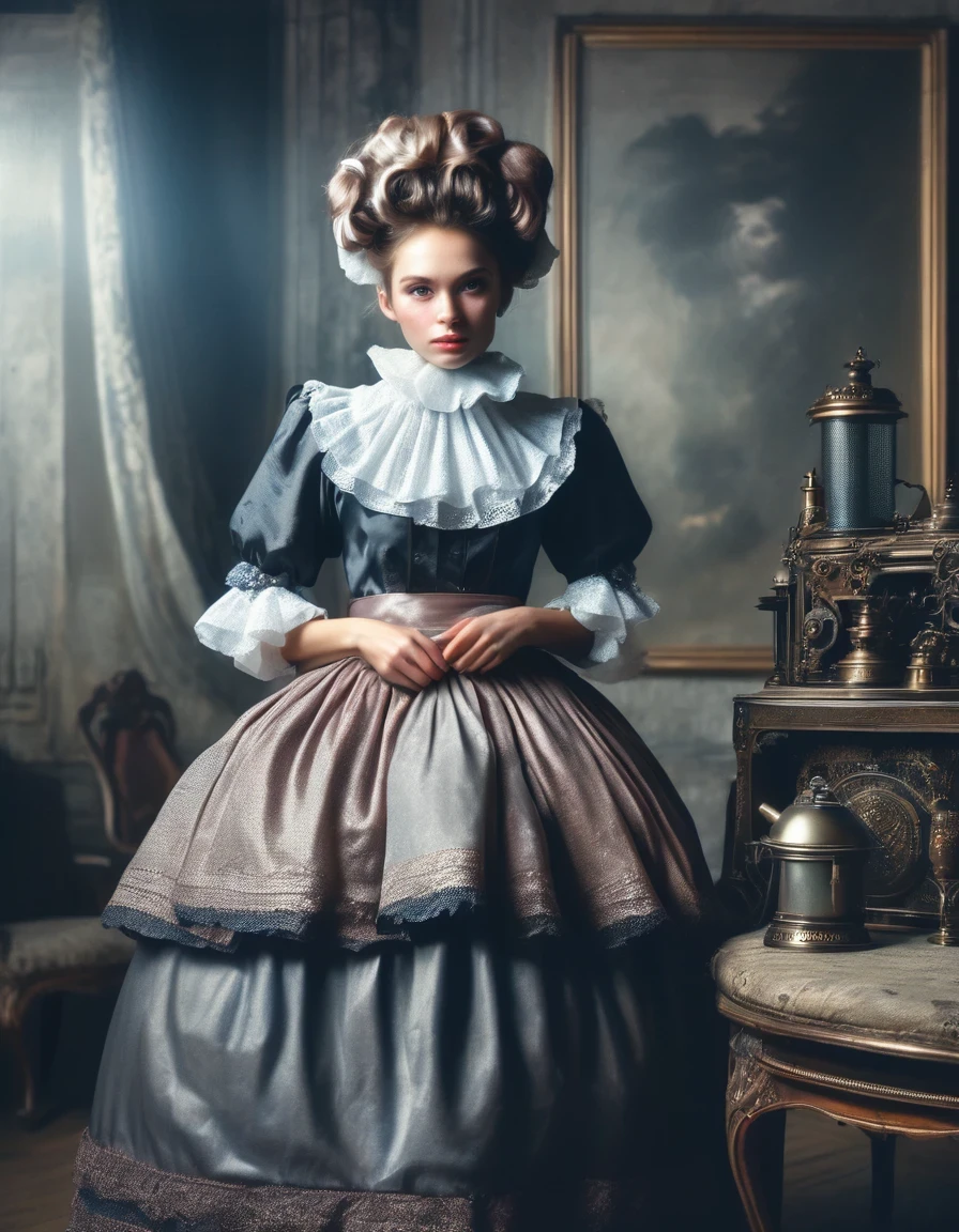 Realistic Portrait of a Soviet Maid in an Old Photo Studio, Maid's Costume, Dark Light, Heavy Atmosphere, Muted Colors of Skirt, Light Skinned Face, Rembrandt Light, Andrea Kowch Style