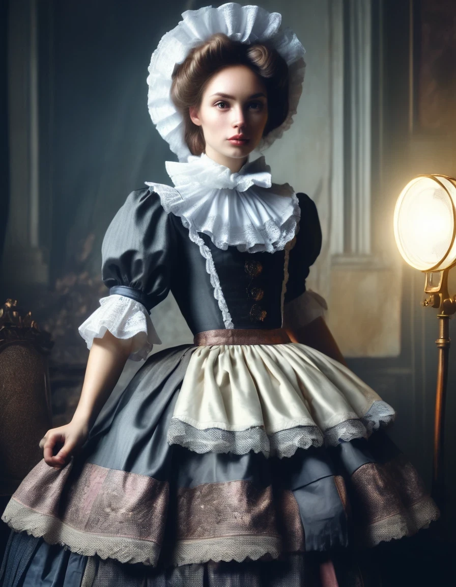 Realistic Portrait of a Soviet Maid in an Old Photo Studio, Maid's Costume, Dark Light, Heavy Atmosphere, Muted Colors of Skirt, Light Skinned Face, Rembrandt Light, Andrea Kowch Style
